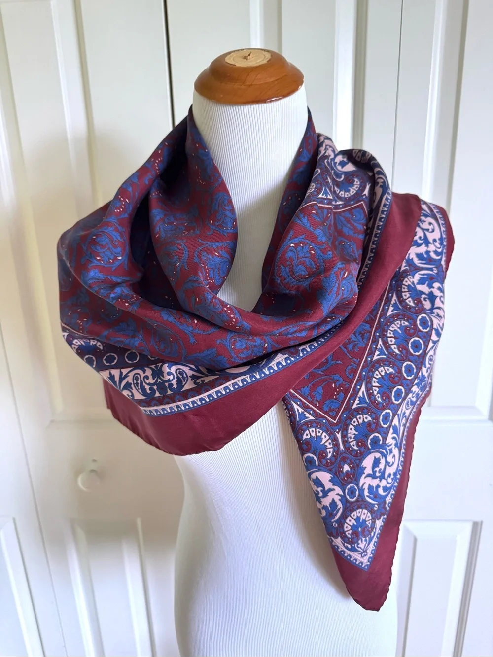 Elegant Burgundy and Blue Paisley Silk Square Scarf Mint
